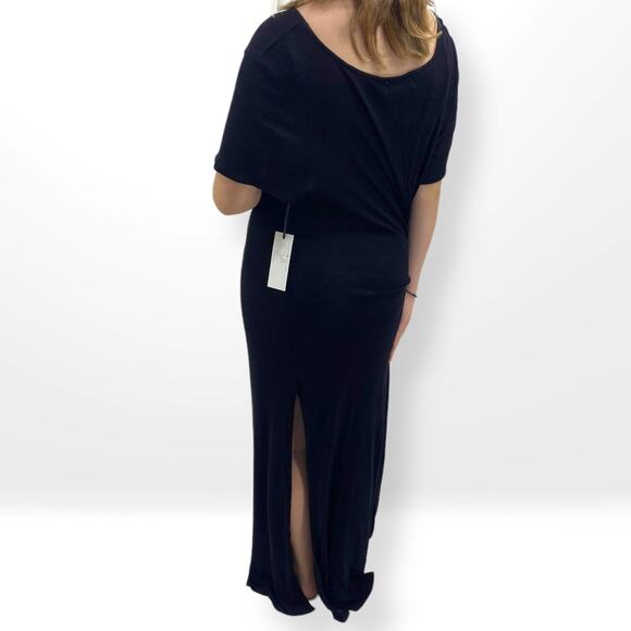 SAGE THE LABEL Open Back Black Boatneck Ribbed Knit Short Sleeve Maxi Slit Dress - Picture 2 of 7